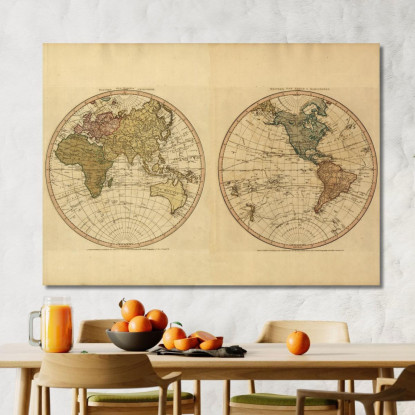 Quadro Mappa Del Mondo Antica A Due Emisferi Con Dettagli Cartografici Storici map14 quadro stampato su tela