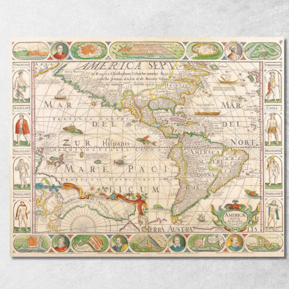 Quadro Mappa Del Mondo Antica Con Illustrazioni Storiche E Rotte Di Navigazione map16 quadro stampato su tela