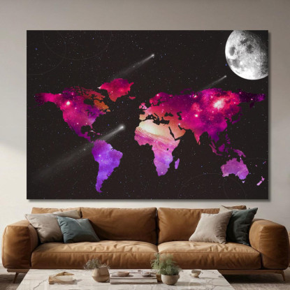 Quadro Mappa Del Mondo Spaziale Con Galassie Stelle E Luna Su Sfondo Nero map35 quadro stampato su tela