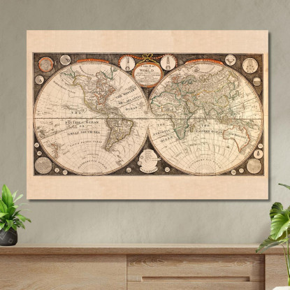 Quadro Mappa Del Mondo Vintage Con Illustrazioni Di Navi E Simboli Cartografici map39 quadro stampato su tela