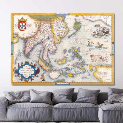 Quadro Mappa Dell'Asia Antica Con Illustrazioni Navi E Creature Mitologiche Su Sfondo Vintage map43 quadro stampato su tela