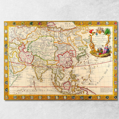 Quadro Mappa Dell'Asia Storica Con Dettagli Cartografici Antichi E Decorazioni Dorate map44 quadro stampato su tela