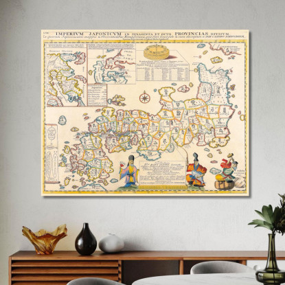 Quadro Mappa Storica Del Giappone Con Confini Regionali E Illustrazioni Tradizionali map46 quadro stampato su tela