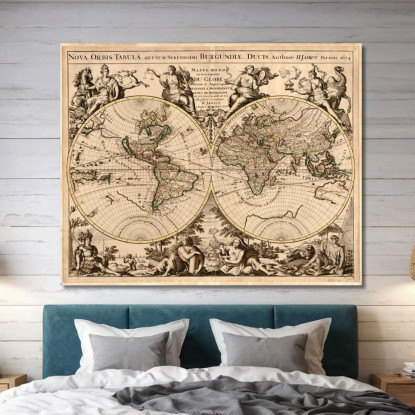 Quadro Mappa Storica Del Mondo Con Disegno Inciso E Decorazioni Mitologiche map48 quadro stampato su tela