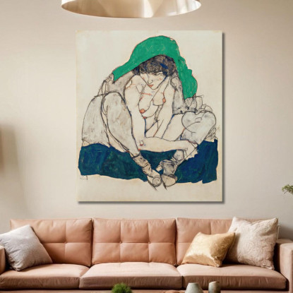 Donna Accovacciata Con Foulard Verde Egon Schiele esh34 quadro stampato su tela