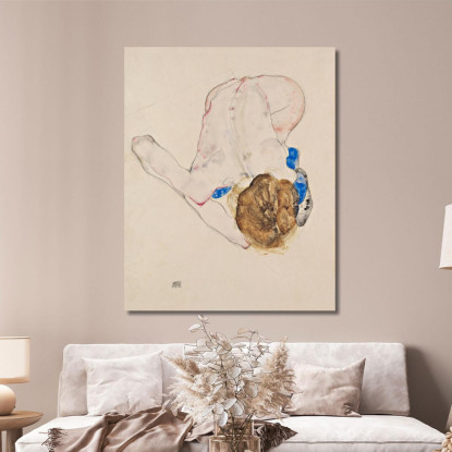 Nudo Con Calze Blu Piegandosi In Avanti Egon Schiele esh109 quadro stampato su tela