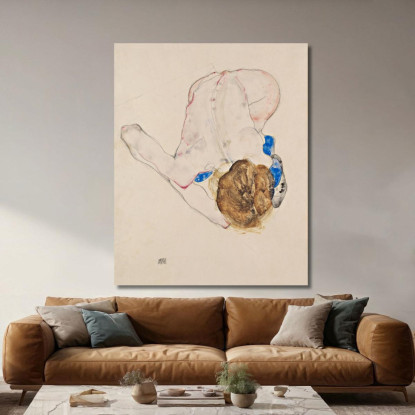 Nudo Con Calze Blu Piegandosi In Avanti Egon Schiele esh109 quadro stampato su tela