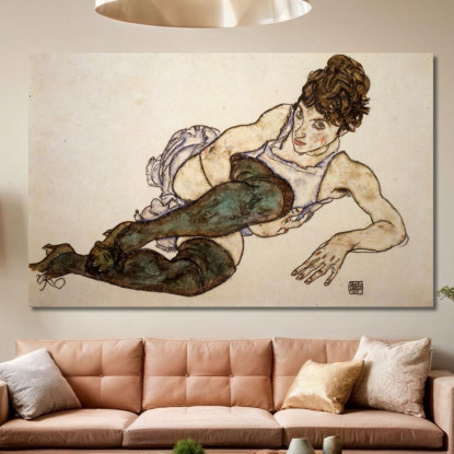 Donna Sdraiata Con Calze Verdi Egon Schiele esh136 quadro stampato su tela