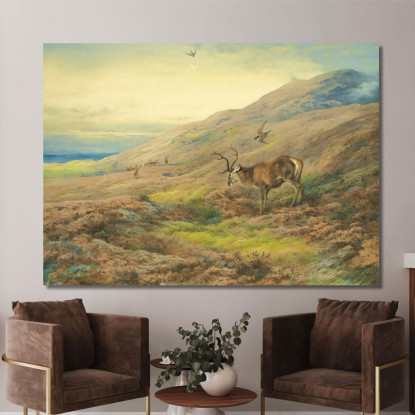Nelle Highlands: Cervo Rosso Assalito Da Una Coppia Di Falchi Pellegrini Archibald Thorburn ath57 quadro stampato su tela