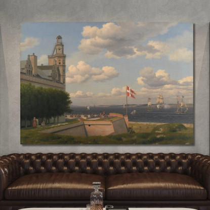 Una Vista Verso La Costa Svedese Dalle Mura Del Castello Di Kronborg Christoffer Wilhelm Eckersberg cwe10 quadro stampato su te