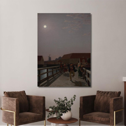 Langebro Copenaghen Al Chiaro Di Luna Con Figure In Movimento Christoffer Wilhelm Eckersberg cwe34 quadro stampato su tela