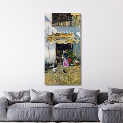 Giovane Donna Con Gonna Lilla Davanti A Una Bancarella Di Verdure Mariano Fortuny Marsal mfm26 quadro stampato su tela