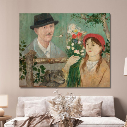 Idillio Accanto A Una Recinzione (Autoritratto Di Ragazza Con Fiori E Cane) Tadeusz Makowski tmk81 quadro stampato su tela