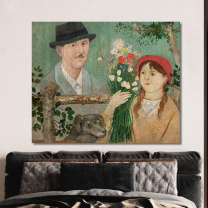 Idillio Accanto A Una Recinzione (Autoritratto Di Ragazza Con Fiori E Cane) Tadeusz Makowski tmk81 quadro stampato su tela