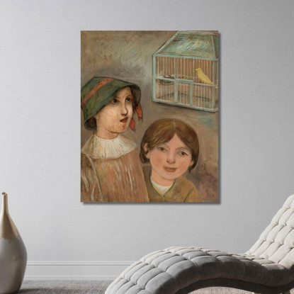 Due Bambine Accanto A Una Gabbia Con Un Canarino Tadeusz Makowski tmk190 quadro stampato su tela