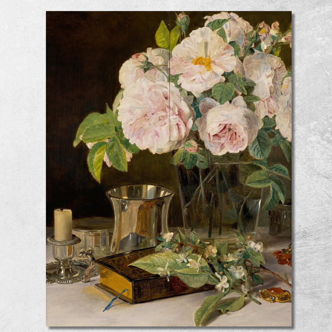 Rose In Un Bicchiere: Natura Morta Con Rose Candelabro E Coppa D'Argento Ferdinand Georg Waldmüller fgw95 quadro stampato su te Rose In Un Bicchiere: Natura Morta Con Rose Candelabro E Coppa D'Argento Ferdinand Georg Waldmüller fgw95 quadro stampato su te