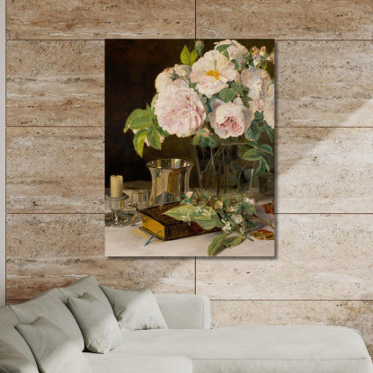 Rose In Un Bicchiere: Natura Morta Con Rose Candelabro E Coppa D'Argento Ferdinand Georg Waldmüller fgw95 quadro stampato su te