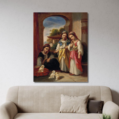Tre Bambine E Tre Cuccioli In Turchia Narcisse-Virgile Diaz de La Peña nvd76 quadro stampato su tela