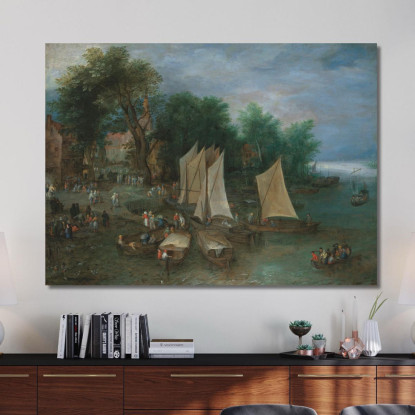 Un Molo Vicino A Un Villaggio Con Navi E Figure Jan Brueghel The Elder jbe1 quadro stampato su tela