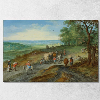 Un Paesaggio Panoramico Con Un Carro Coperto E Viaggiatori Su Una Strada Maestra Jan Brueghel The Elder jbe3 quadro stampato su