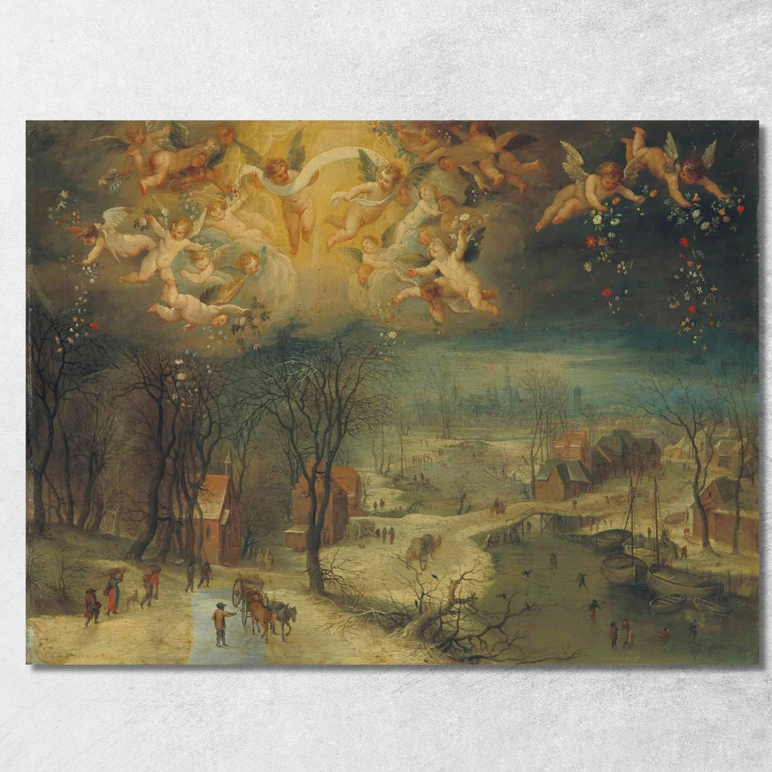 Un Paesaggio Invernale Con Contadini Che Raccolgono Legna E Pattinatori Su Un Fiume Ghiacciato Putti Spargono Fiori Sopra Jan B Un Paesaggio Invernale Con Contadini Che Raccolgono Legna E Pattinatori Su Un Fiume Ghiacciato Putti Spargono Fiori Sopra Jan B