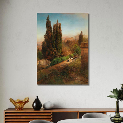 Una Vista Del Giardino Di Villa D'Este A Tivoli Vicino Roma Oswald Achenbach oac3 quadro stampato su tela