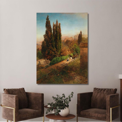Una Vista Del Giardino Di Villa D'Este A Tivoli Vicino Roma Oswald Achenbach oac3 quadro stampato su tela