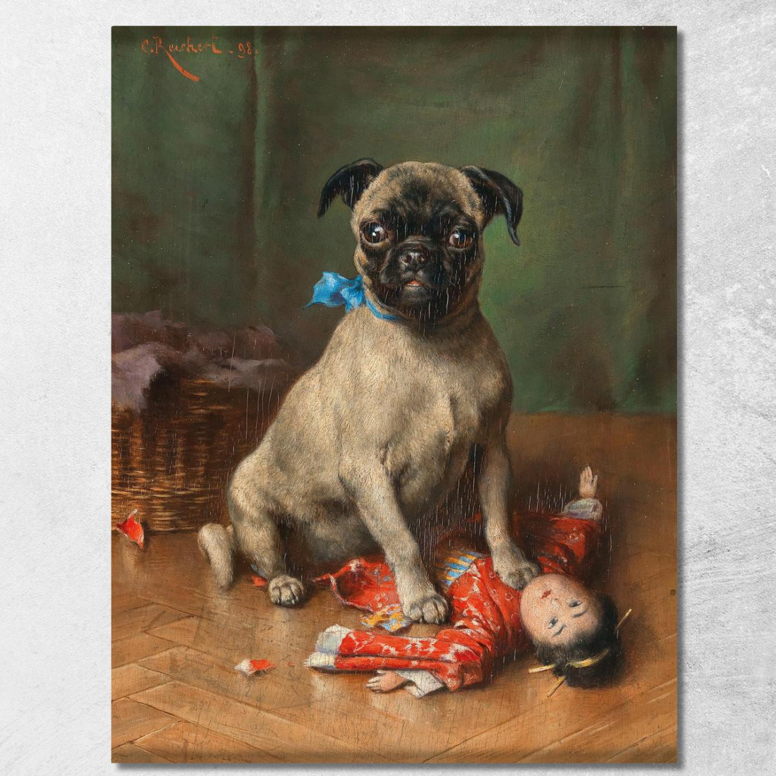 Un Carlino Con Una Bambola Giapponese Carl Reichert crc8 quadro stampato su tela Un Carlino Con Una Bambola Giapponese Carl Reichert crc8 quadro stampato su tela