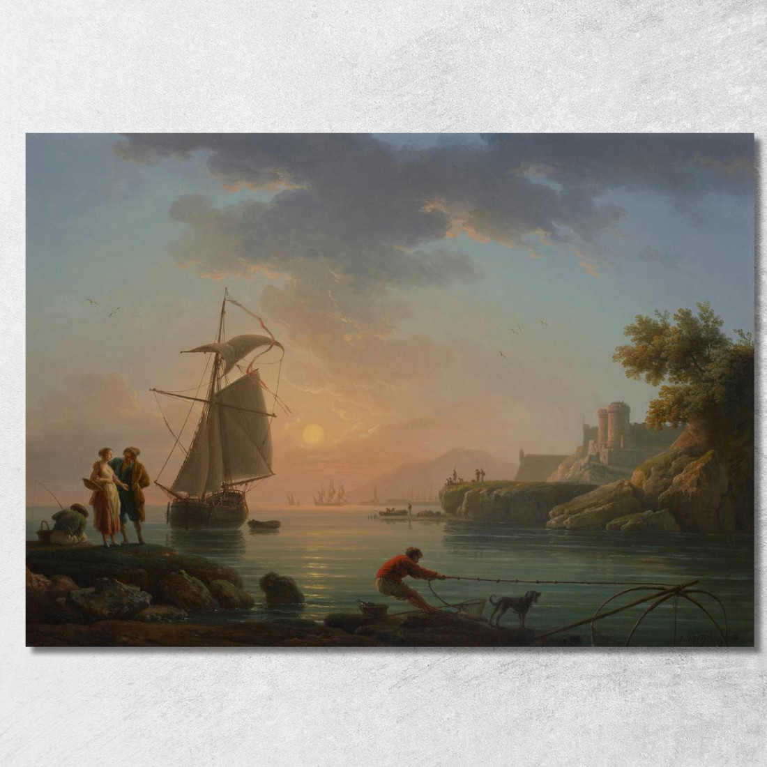 Porto Mediterraneo Al Tramonto Con Un Pescatore In Primo Piano Claude-Joseph Vernet cjv20 quadro stampato su tela Porto Mediterraneo Al Tramonto Con Un Pescatore In Primo Piano Claude-Joseph Vernet cjv20 quadro stampato su tela