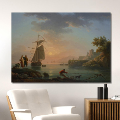 Porto Mediterraneo Al Tramonto Con Un Pescatore In Primo Piano Claude-Joseph Vernet cjv20 quadro stampato su tela