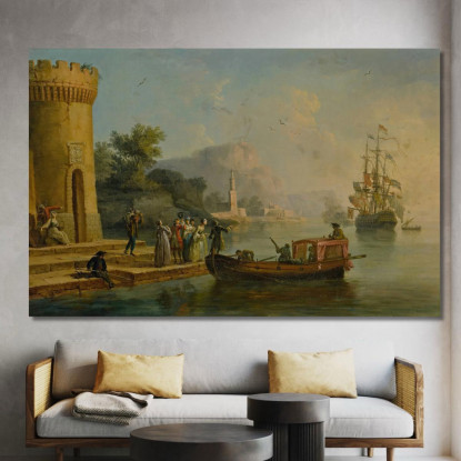Veduta Di Un Porto Mediterraneo Con Un Gruppo Di Figure Sulla Riva E Una Grande Nave Sullo Sfondo Claude-Joseph Vernet cjv40 qu