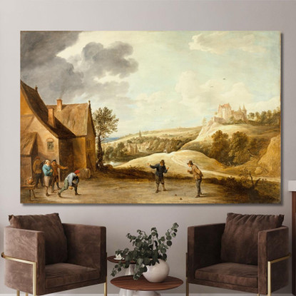 Paesaggio Con Contadini Che Giocano A Bocce Fuori Da Un’Osteria David Teniers The Younger dty54 quadro stampato su tela