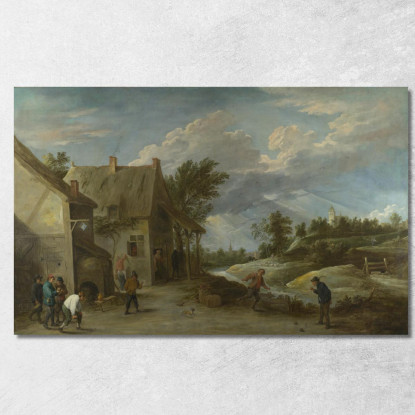 Contadini Che Giocano A Bocce Davanti A Una Locanda Del Villaggio David Teniers The Younger dty68 quadro stampato su tela