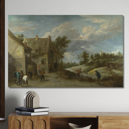 Contadini Che Giocano A Bocce Davanti A Una Locanda Del Villaggio David Teniers The Younger dty68 quadro stampato su tela