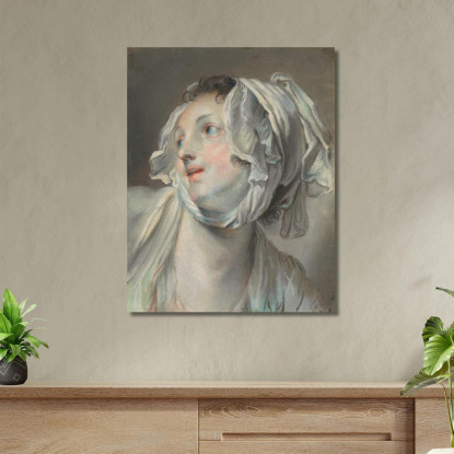 The Head Of A Young Woman Wearing A Bonnet And Facing Left Jean-Baptiste Greuze jbg67 canvas print