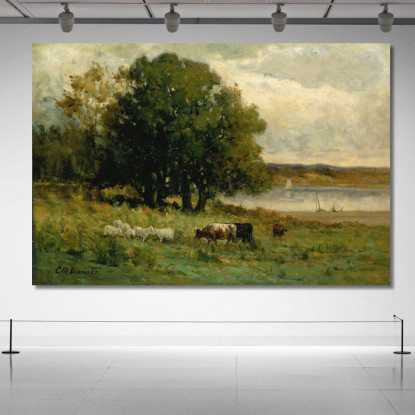 Bestiame Vicino Al Fiume Con Barca A Vela In Lontananza Edward Mitchell Bannister emb39 quadro stampato su tela