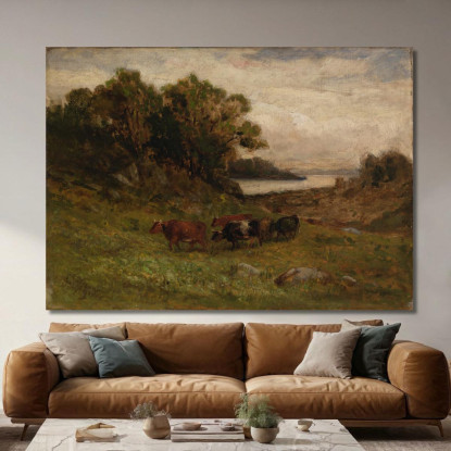 Cinque Mucche Al Pascolo Con Alberi E Fiume Sullo Sfondo Edward Mitchell Bannister emb40 quadro stampato su tela