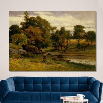 Paesaggio Barca Ormeggiata Vicino Al Ruscello Uomo Che Cammina In Primo Piano Edward Mitchell Bannister emb53 quadro stampato s