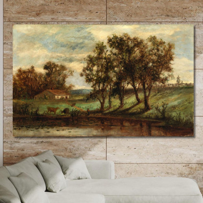 Uomo Con Mucche Al Pascolo Vicino Allo Stagno Con Casa E Alberi Sullo Sfondo Edward Mitchell Bannister emb61 quadro stampato su