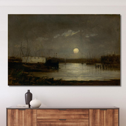 Luna Su Un Porto Scena Al Molo Con Luna Piena E Alberi Delle Barche Edward Mitchell Bannister emb63 quadro stampato su tela