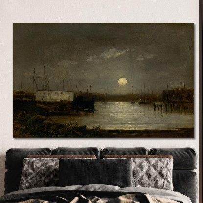 Luna Su Un Porto Scena Al Molo Con Luna Piena E Alberi Delle Barche Edward Mitchell Bannister emb63 quadro stampato su tela