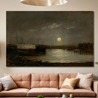 Luna Su Un Porto Scena Al Molo Con Luna Piena E Alberi Delle Barche Edward Mitchell Bannister emb63 quadro stampato su tela