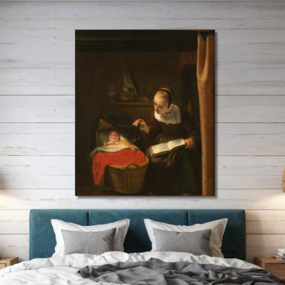 Giovane Donna Accanto A Una Culla Nicolaes Maes nma43 quadro stampato su tela