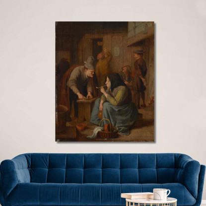 Interno Di Una Taverna Con Una Donna Che Fuma La Pipa E Un Uomo Che Taglia Il Tabacco Jan Steen jsn9 quadro stampato su tela