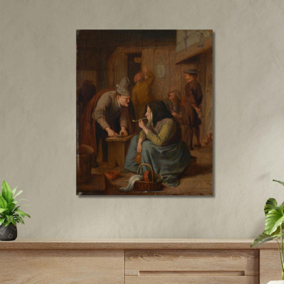 Interno Di Una Taverna Con Una Donna Che Fuma La Pipa E Un Uomo Che Taglia Il Tabacco Jan Steen jsn9 quadro stampato su tela