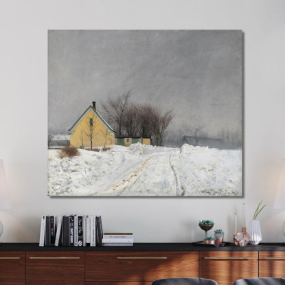 Giornata Invernale Nebbiosa. A Sinistra Una Casa Gialla. Neve Profonda. Laurits Andersen Ring lar13 quadro stampato su tela