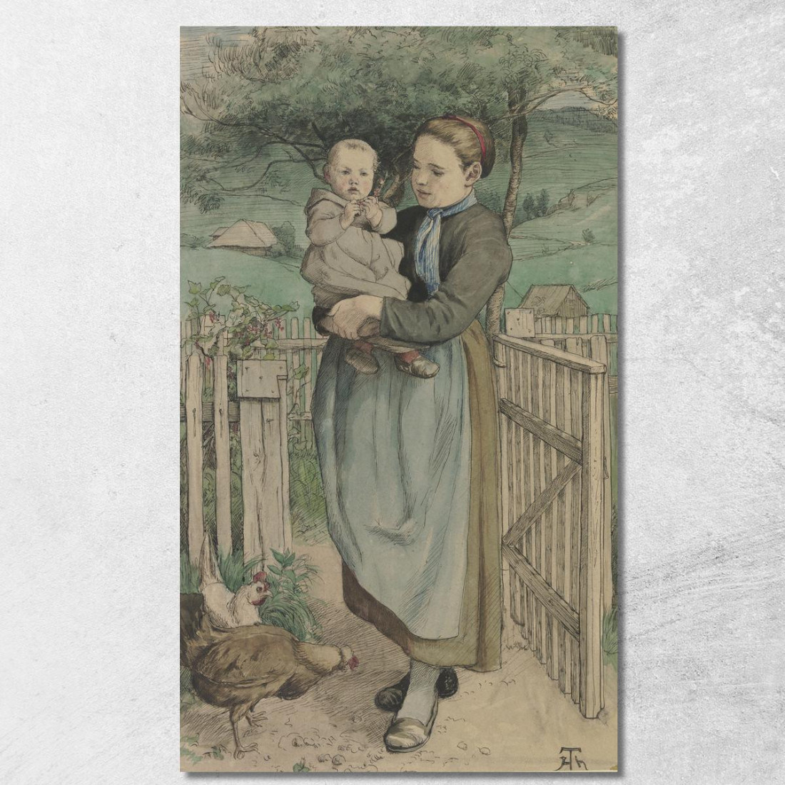Ragazza Contadina Con Un Bambino In Braccio In Piedi Vicino A Una Staccionata Di Legno Hans Thoma hth14 quadro stampato su tela Ragazza Contadina Con Un Bambino In Braccio In Piedi Vicino A Una Staccionata Di Legno Hans Thoma hth14 quadro stampato su tela