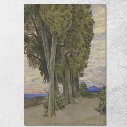 Cipressi Nella Villa D'Este Sotto Le Chiome Degli Alberi Una Danza Di Tre Putti Hans Thoma hth89 quadro stampato su tela