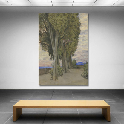 Cipressi Nella Villa D'Este Sotto Le Chiome Degli Alberi Una Danza Di Tre Putti Hans Thoma hth89 quadro stampato su tela