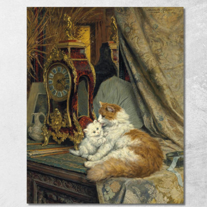 Una Gatta Madre E Il Suo Gattino Con Un Orologio Da Mensola Henriëtte Ronner-Knip hrk2 quadro stampato su tela